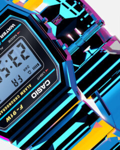 Diagonal close-up of an upside-down Casio F-91W face, with cyan, purple and yellow reflections across the case, side buttons and band.