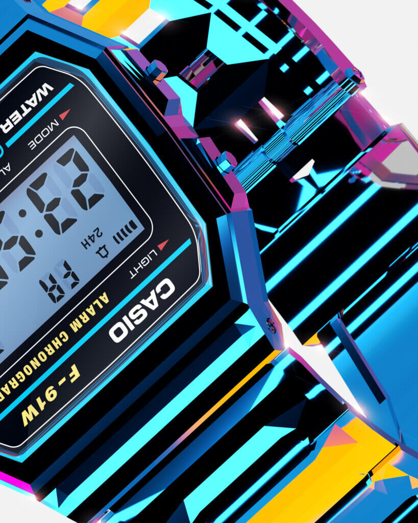 Diagonal close-up of an upside-down Casio F-91W face, with cyan, purple and yellow reflections across the case, side buttons and band.