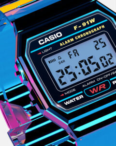 Close-up render of the Casio F-91W’s digital display and face lettering, surrounded by glossy blue and purple reflections.