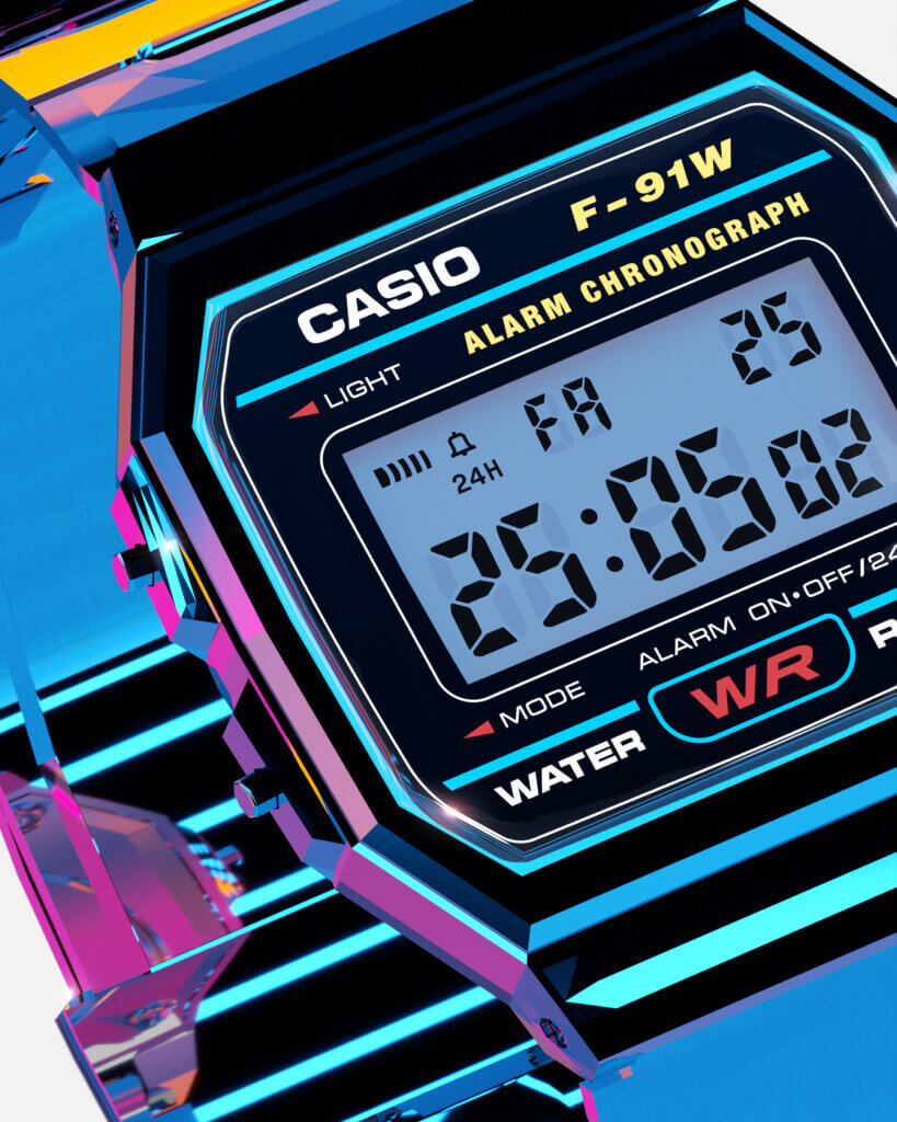 Close-up render of the Casio F-91W’s digital display and face lettering, surrounded by glossy blue and purple reflections.