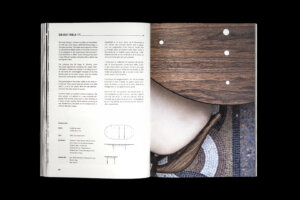 House of Finn Juhl catalogue spread with product text and drawings beside a close-up of a wooden cabinet and upholstered chair.