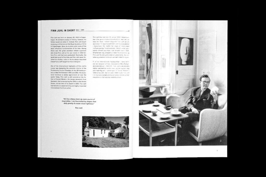 House of Finn Juhl catalogue spread with text columns and a black-and-white photograph of a person seated at a desk.