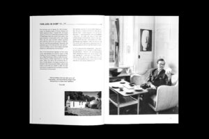 House of Finn Juhl catalogue spread with text columns and a black-and-white photograph of a person seated at a desk.