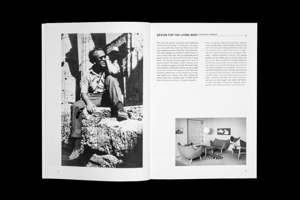 House of Finn Juhl catalogue spread combining a black-and-white portrait, text columns and a small interior photograph.