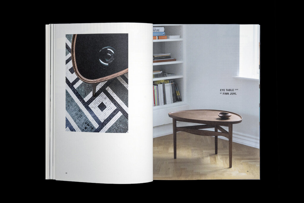 House of Finn Juhl catalogue spread pairing a tabletop detail with a round wooden coffee table in a bright interior.