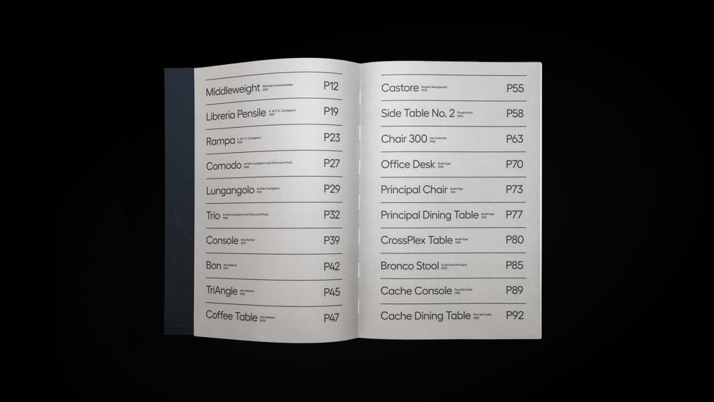 Open Karakter catalogue showing a two-page contents list in black type against a black background.
