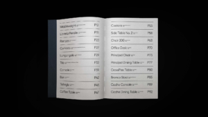 Open Karakter catalogue showing a two-page contents list in black type against a black background.