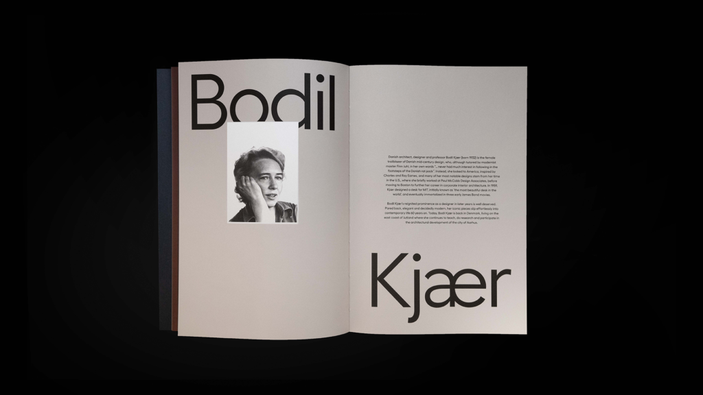 Karakter catalogue profile with large Bodil Kjær typography, a small black-and-white portrait and a short text block.