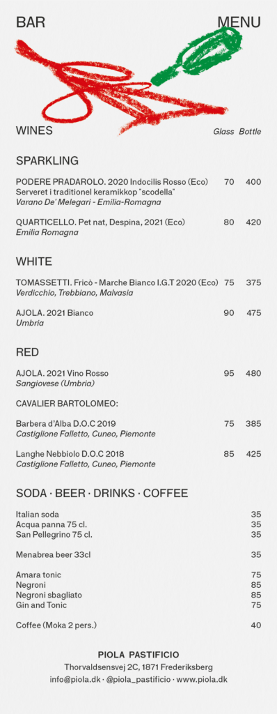 A narrow Piola wine menu with an abstract red and green crayon drawing above a neatly arranged list of drinks.