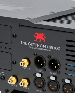 Rear panel of the Gryphon Helios dual mono preamplifier, showing the red griffin logo, white wordmark and audio connectors.