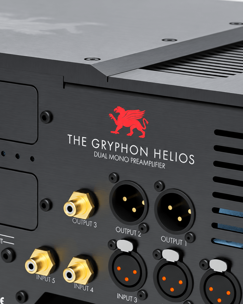 Rear panel of the Gryphon Helios dual mono preamplifier, showing the red griffin logo, white wordmark and audio connectors.