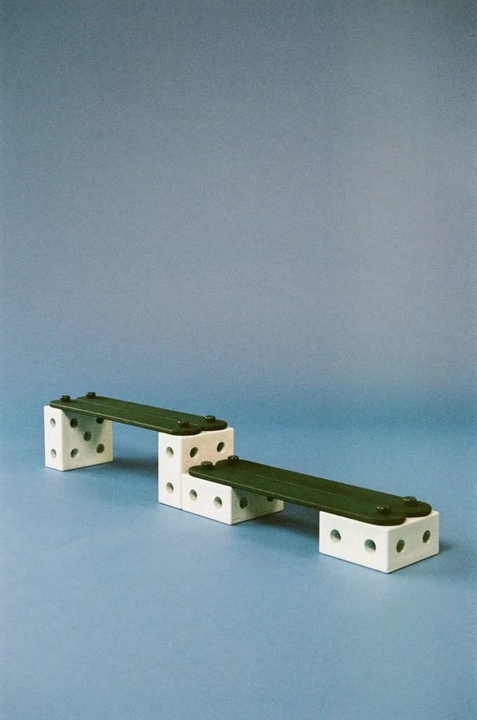 Analogue photography of MODU Balance Beams on a colourful background