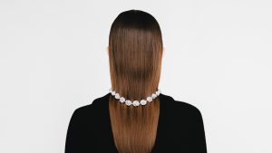 Tourell jewellery campaign, pearl necklace seen from behind
